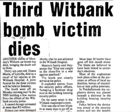Third Witbank bomb victim dies, New Nation, 2 November 1988