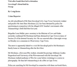 Visit after bomb blast led to detention, Grosskopf's friend held in Swoop, by Craige Kotze