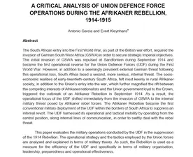 A Critical Analysis of Union Defence Force Operations during the Afrikaner Rebellion, 1914-1915 by Antonio Garcia and Evert Kleynhans