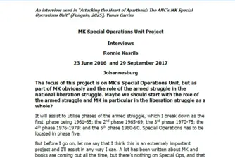 Interviews with Ronnie Kasrils, 23 June 2016 and 29 September 2017