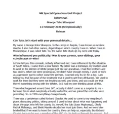MK Special Operations Unit Project Interviews, George Tate Sibanyoni, 11 February 2026 (telephonically), Delmas
