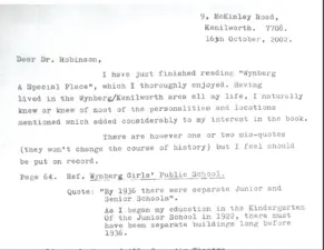 Letter from Mrs Thompson of Athlone Committee, 16 October 2002