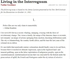 Living in the Interregnum by Nadine Gordimer (The New York Review of Books), 20 January 1983