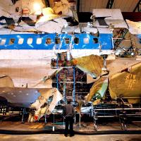 The reconstructed remains of Pan Am flight 103 lie in a warehouse in Farnborough, England .PETER MACDIARMID/GETTY IMAGES