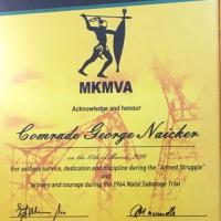 George Naicker - MKMVA - Certificate of Honour