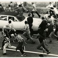 Crowds scatter up Darling Street 