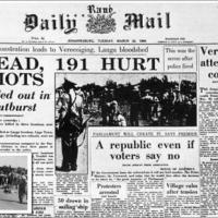 Headline following the Sharpeville Massacre on the 22nd of March 1960