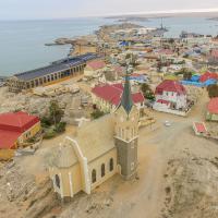 aerial view of Luderitz Bay with Felsenkirche Church which was consecrated in 1912. 